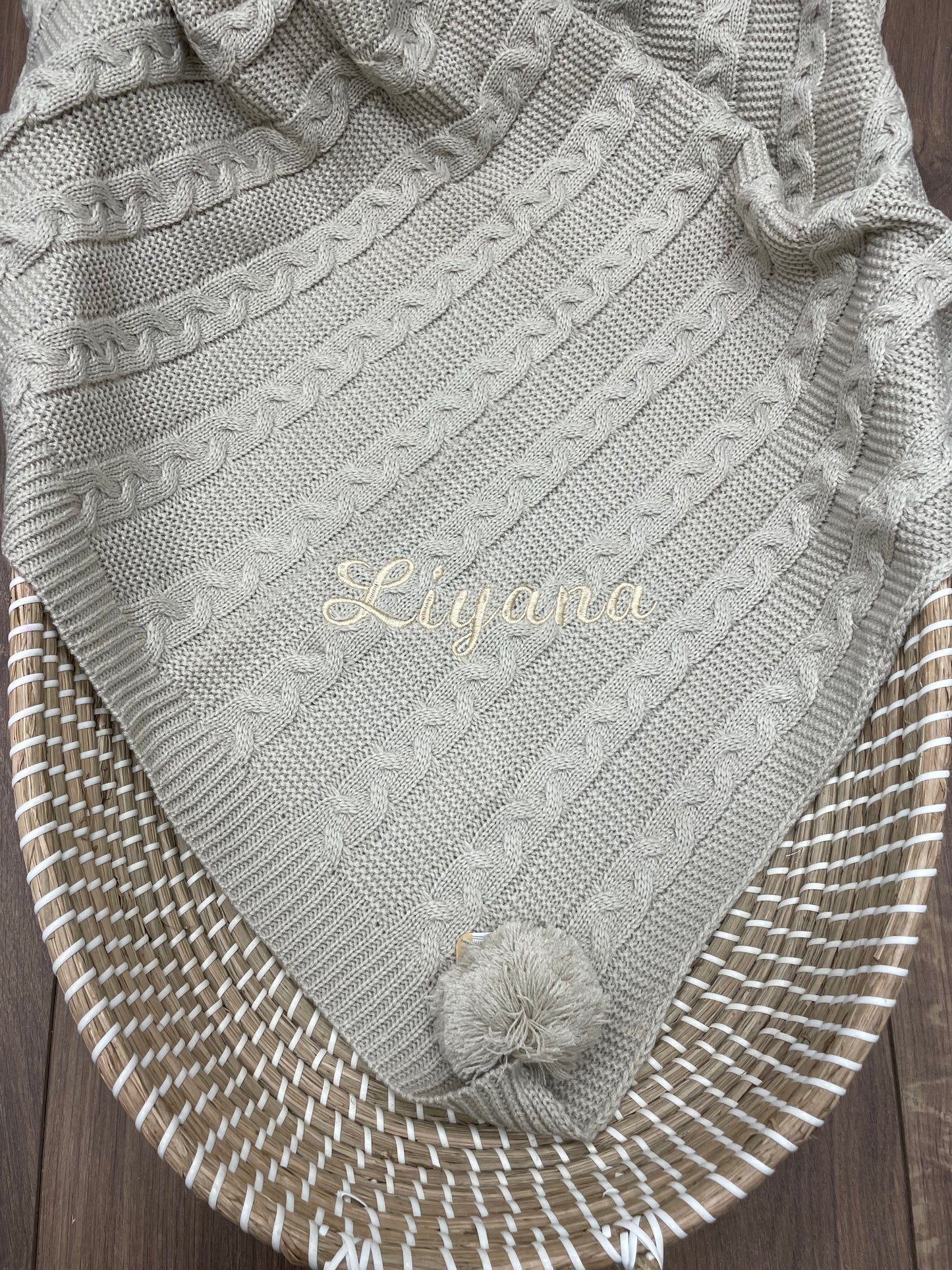 Personalised biscuit cable knit wrap blanket