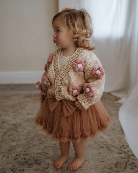 Chunky hand knitted beige flower cardigan