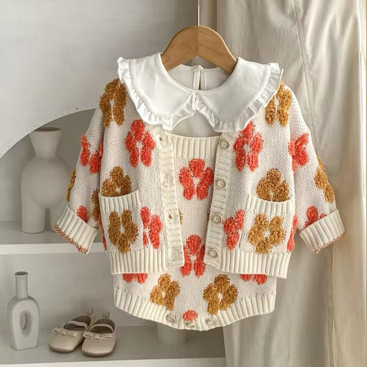 Flower knitted romper and cardigan set