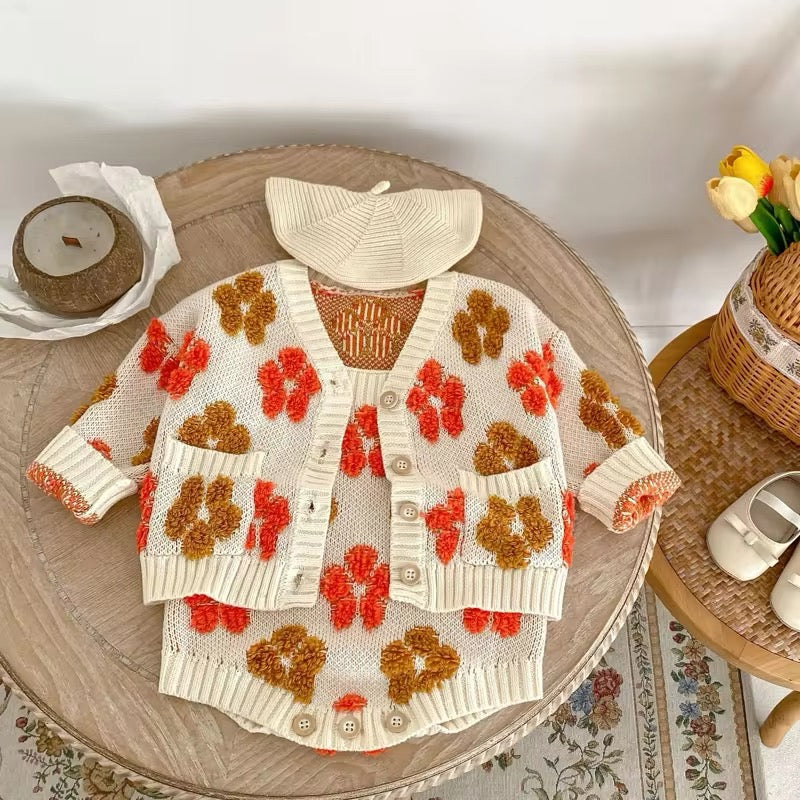 Flower knitted romper and cardigan set