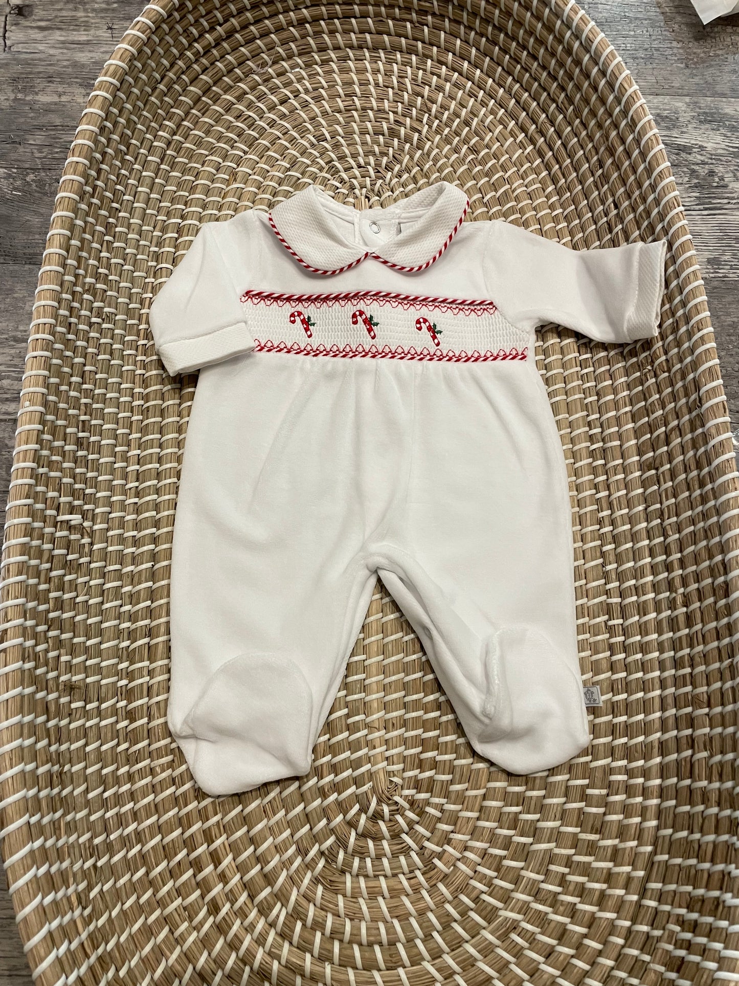 Candy cane smocked velour white sleepsuit