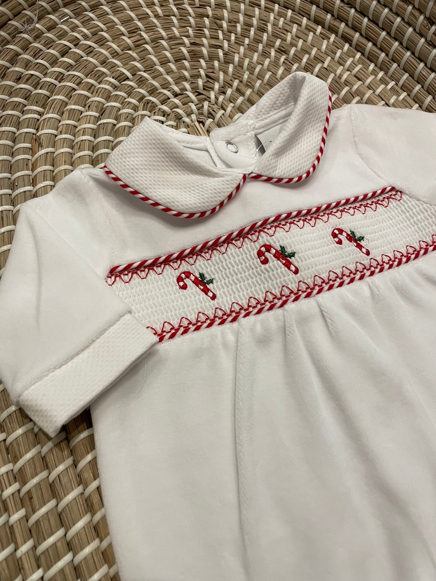 Candy cane smocked velour white sleepsuit