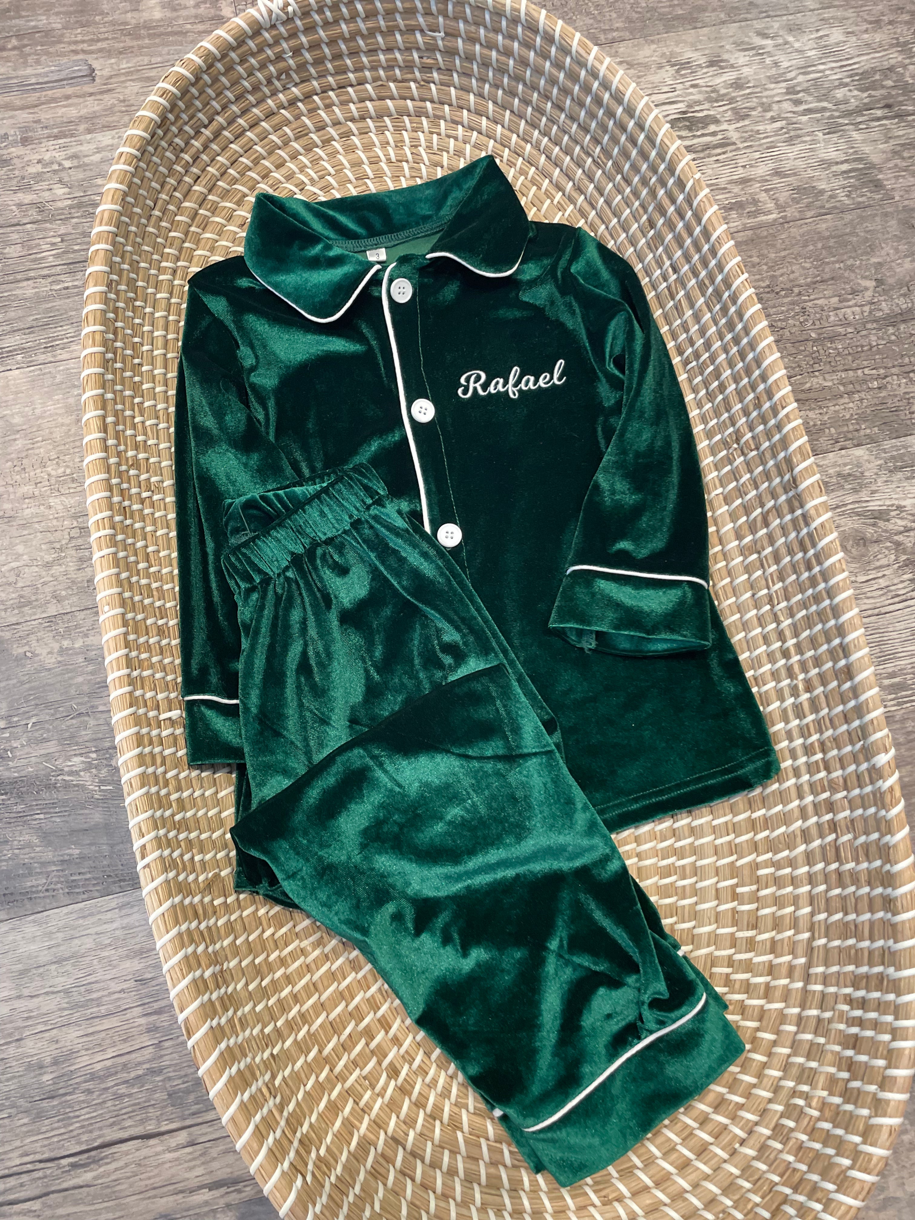 Personalised luxury green velvet boys pyjamas Matilda Rose children s wear