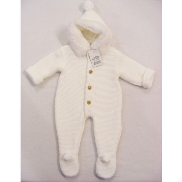 White fur trim knitted pram suit