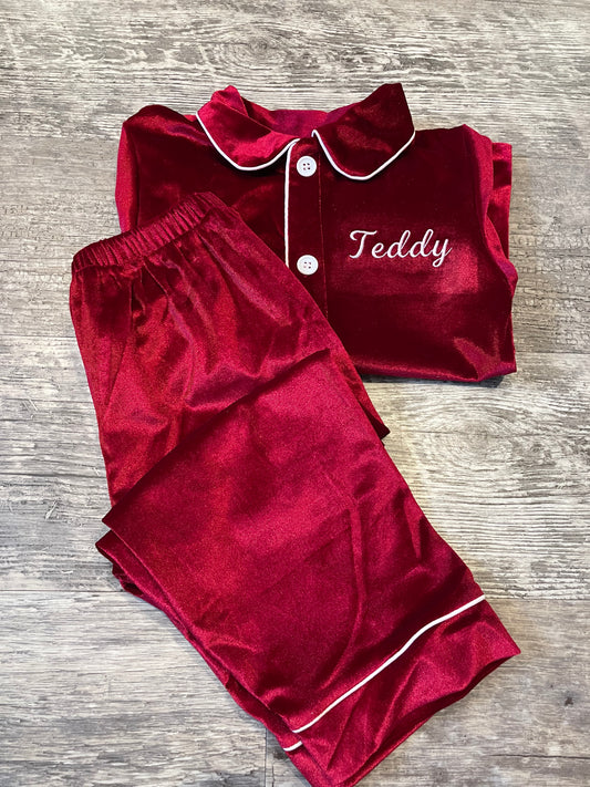 Personalised luxury red velvet boys pyjamas