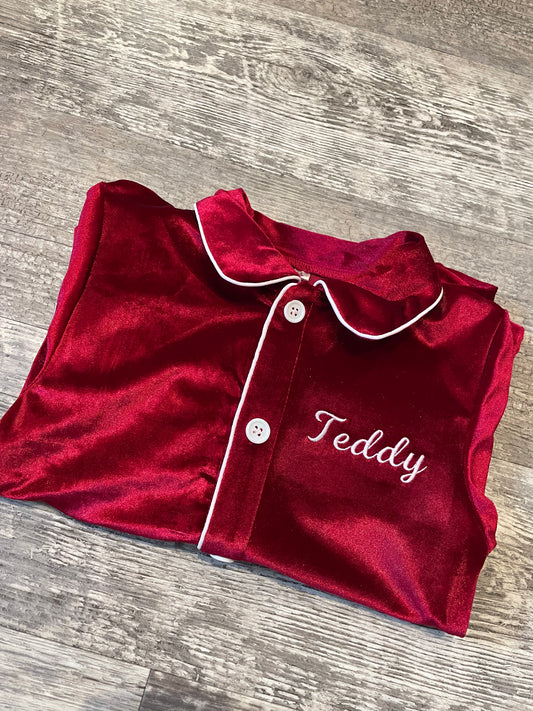 Personalised luxury red velvet boys pyjamas