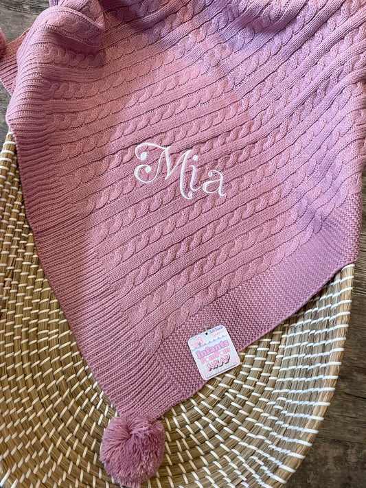 Personalised pink cable knit wrap blanket