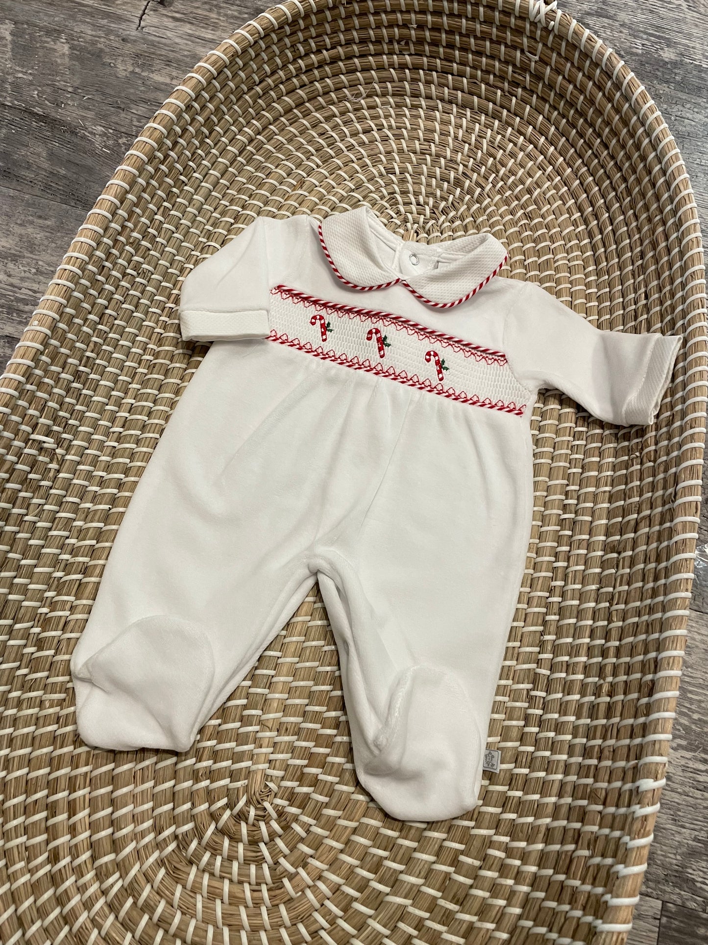 Candy cane smocked velour white sleepsuit