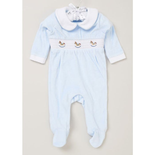 Blue rocked horse smocked velour sleepsuit