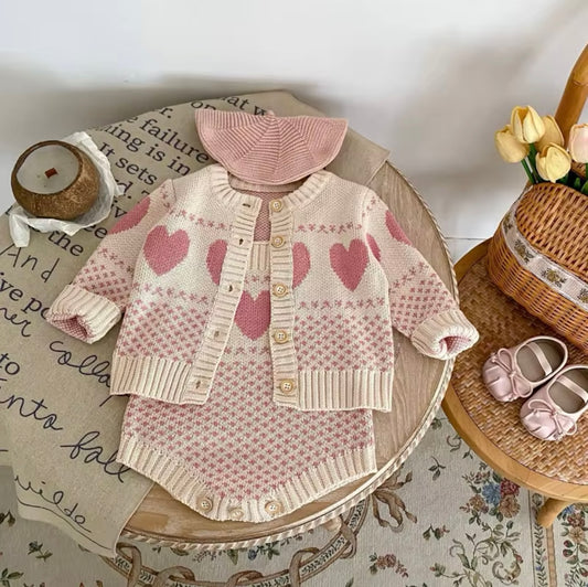 Heart knitted romper and cardigan set