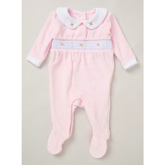 Pink rosebud smocked velour sleepsuit