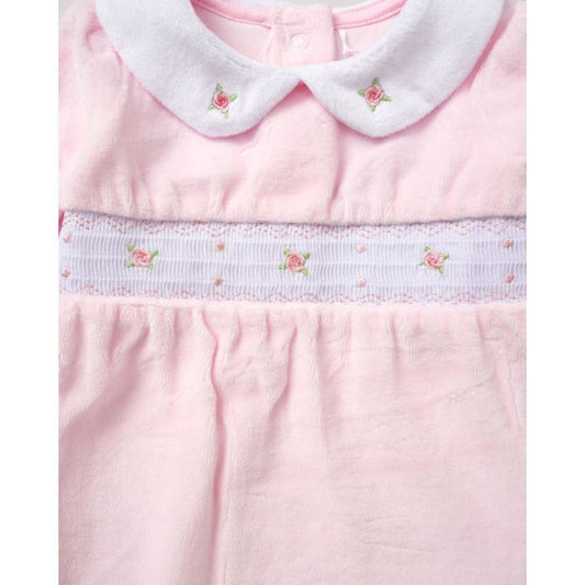 Pink rosebud smocked velour sleepsuit