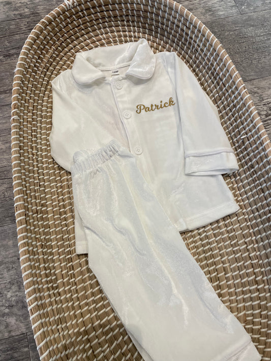 Personalised luxury white velvet boys pyjamas