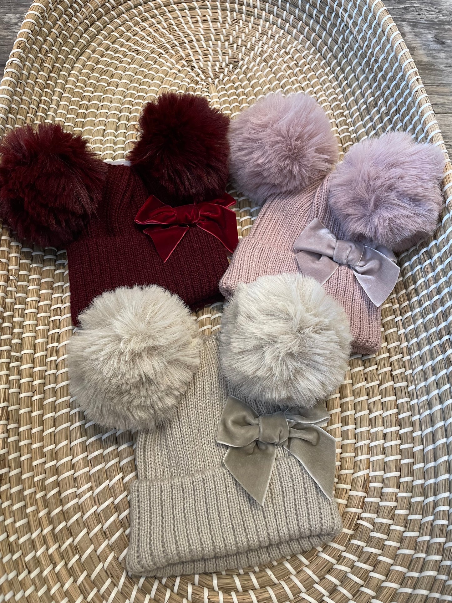 Velvet bow fluffy pom pom hat