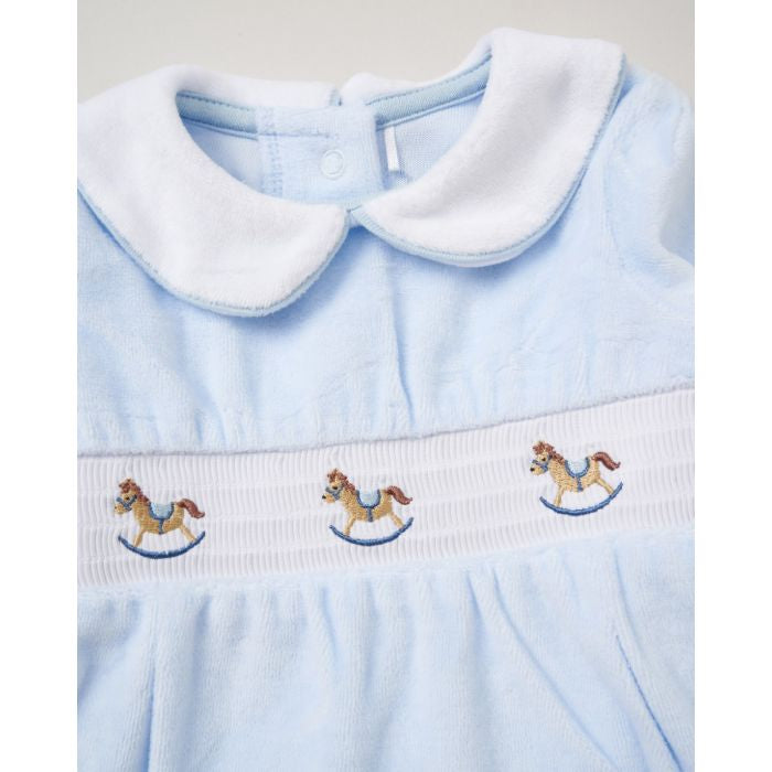 Blue rocked horse smocked velour sleepsuit