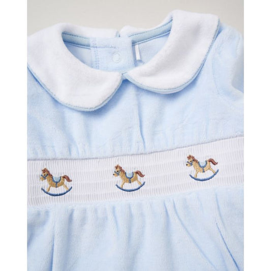 Blue rocked horse smocked velour sleepsuit