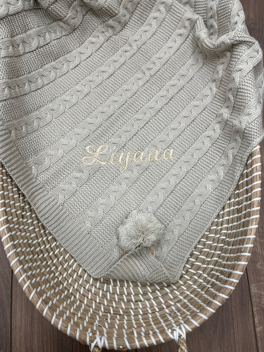 Personalised biscuit cable knit wrap blanket