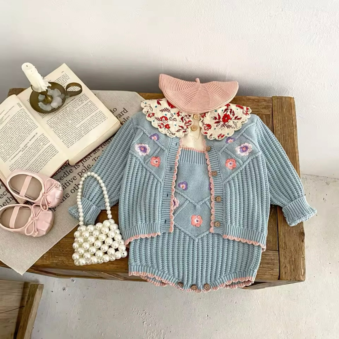 Blue and pink floral knit set