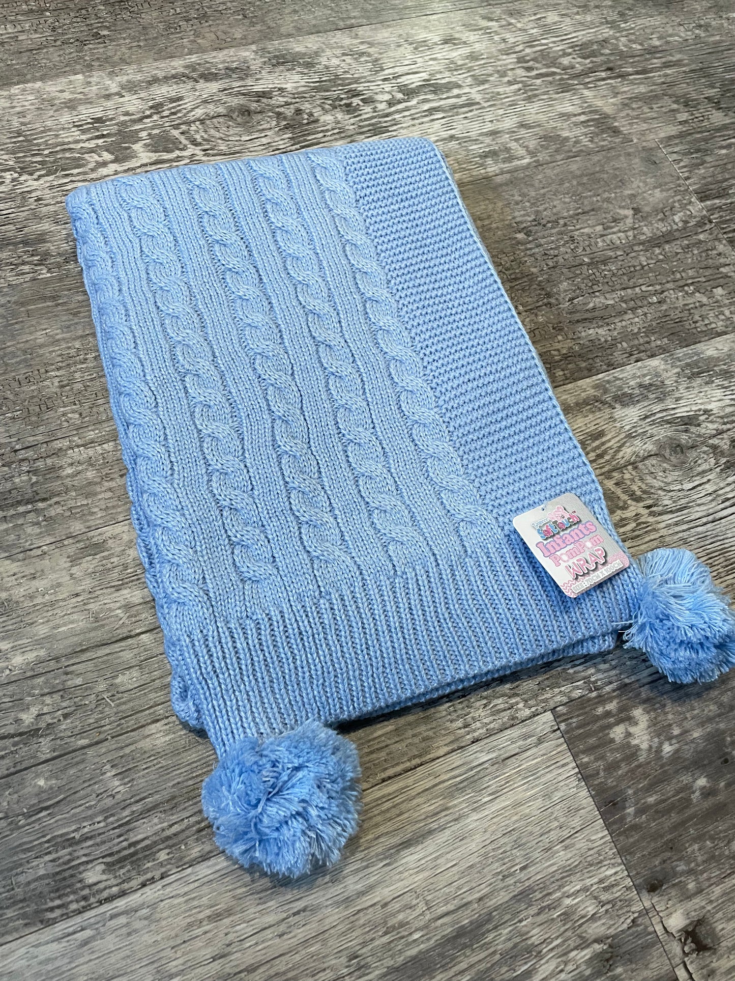 Personalised baby blue cable knit wrap blanket