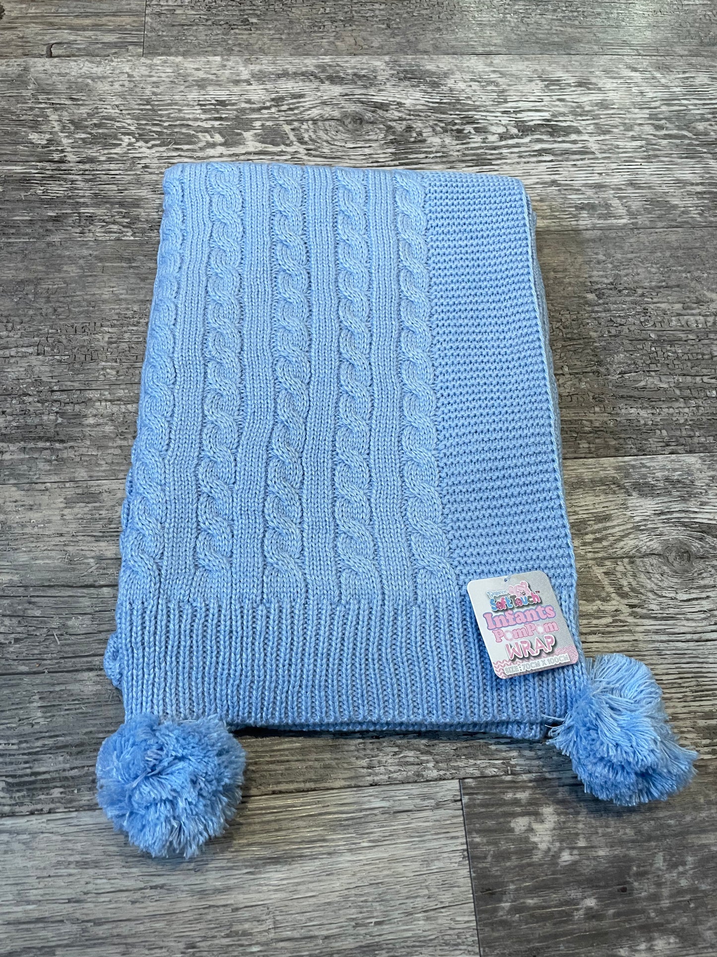 Personalised baby blue cable knit wrap blanket