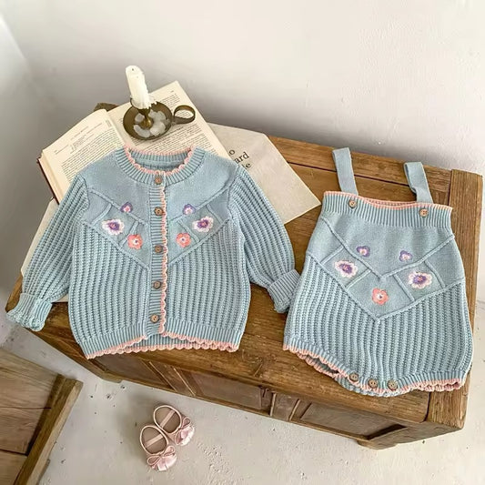 Blue and pink floral knit set