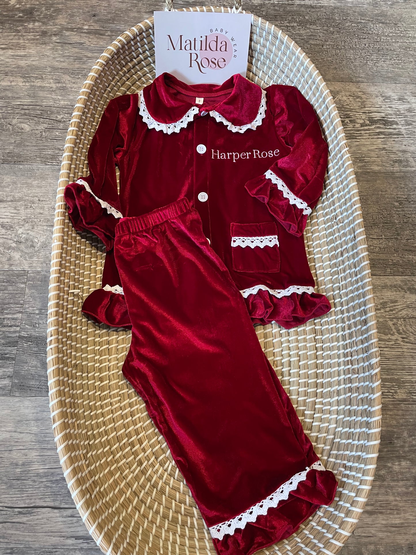 Personalised luxury red velvet girls pyjamas