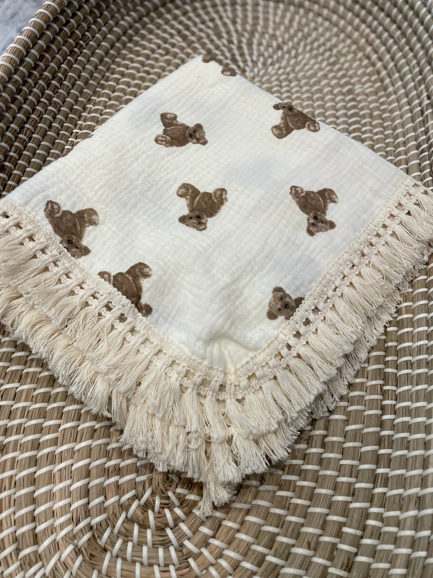 Bear tassle muslin swaddle blanket