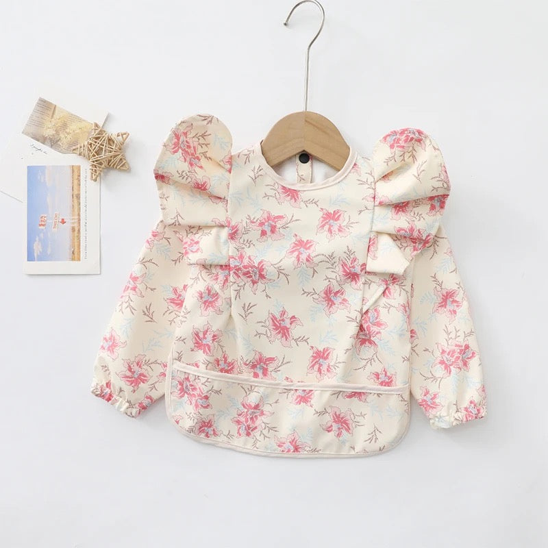 Long sleeved frill bib - white floral