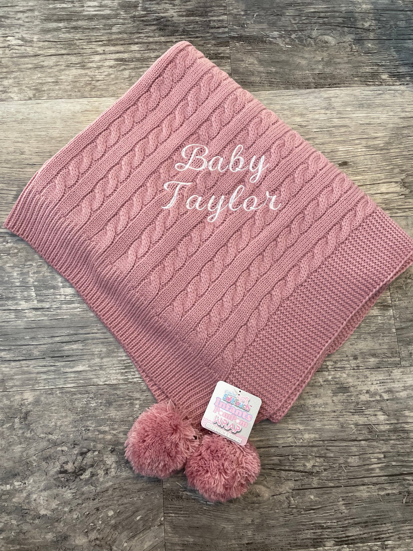 Personalised pink cable knit wrap blanket