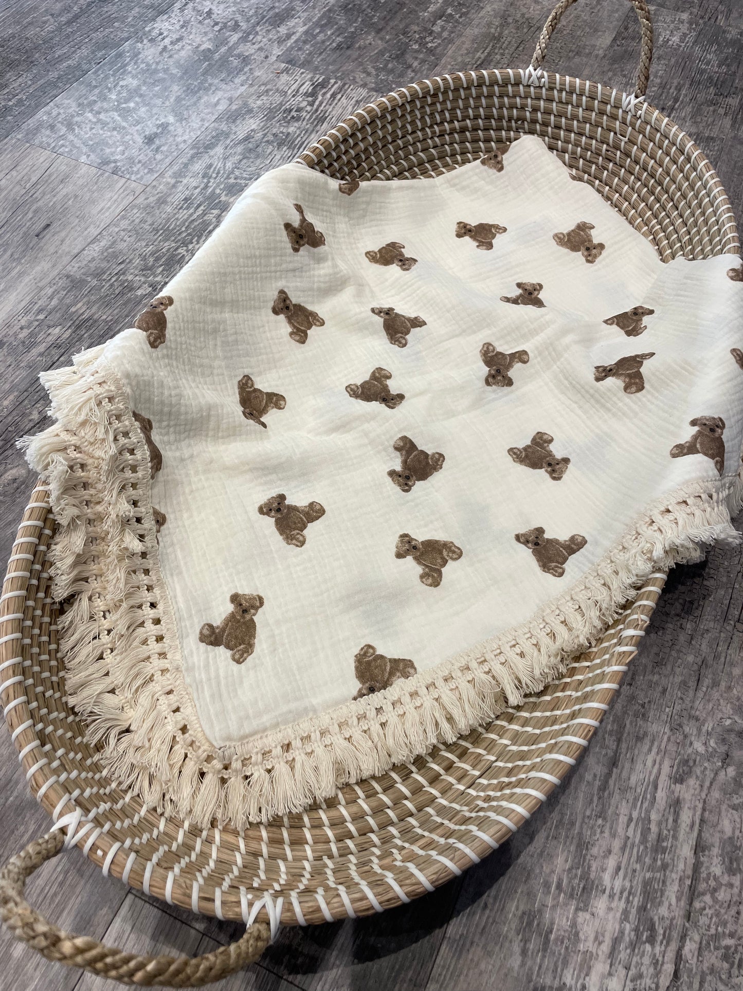 Bear tassle muslin swaddle blanket