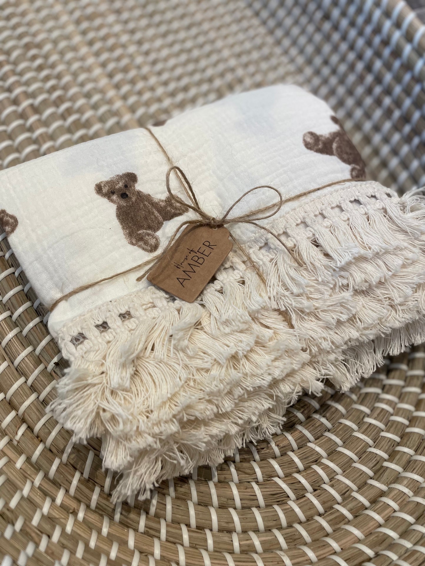 Bear tassle muslin swaddle blanket