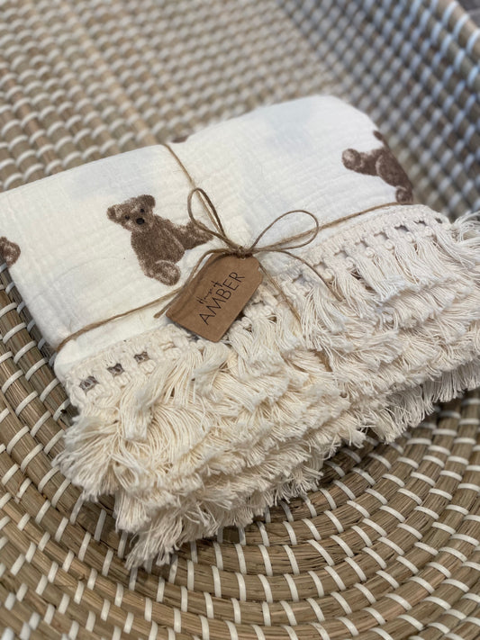 Bear tassle muslin swaddle blanket