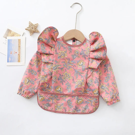 Long sleeved frill bib - Pink floral