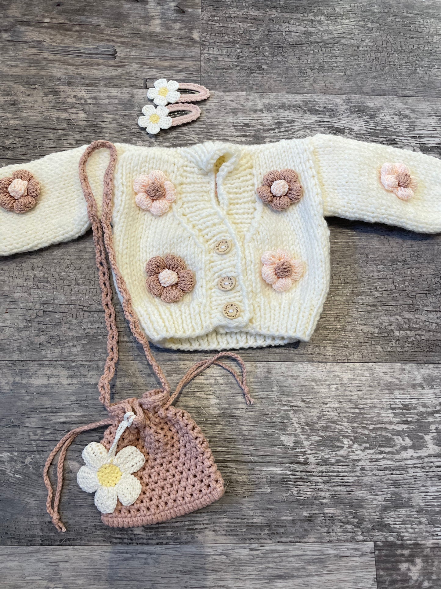 Dusty pink hand knitted bag set