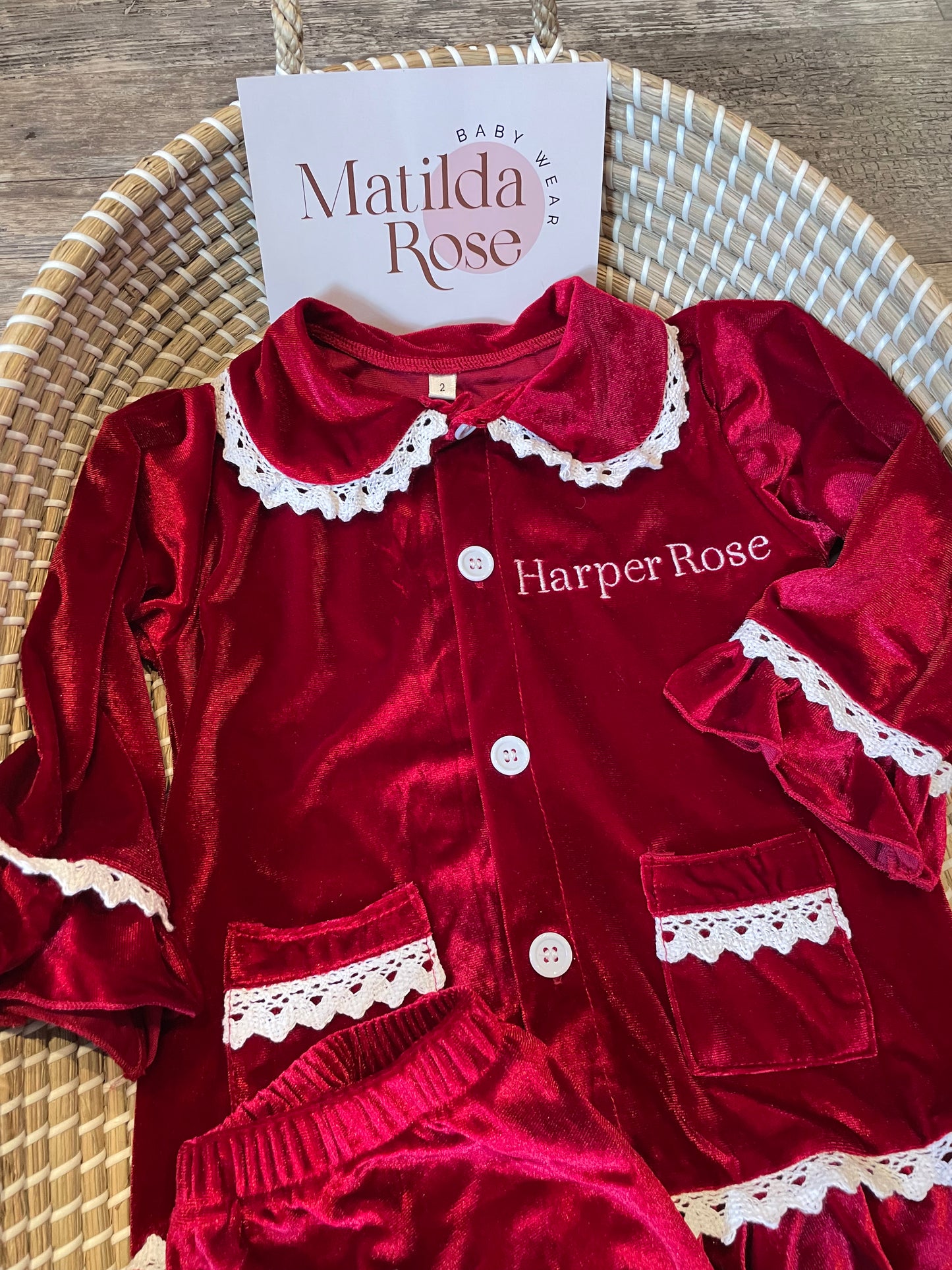 Personalised luxury red velvet girls pyjamas