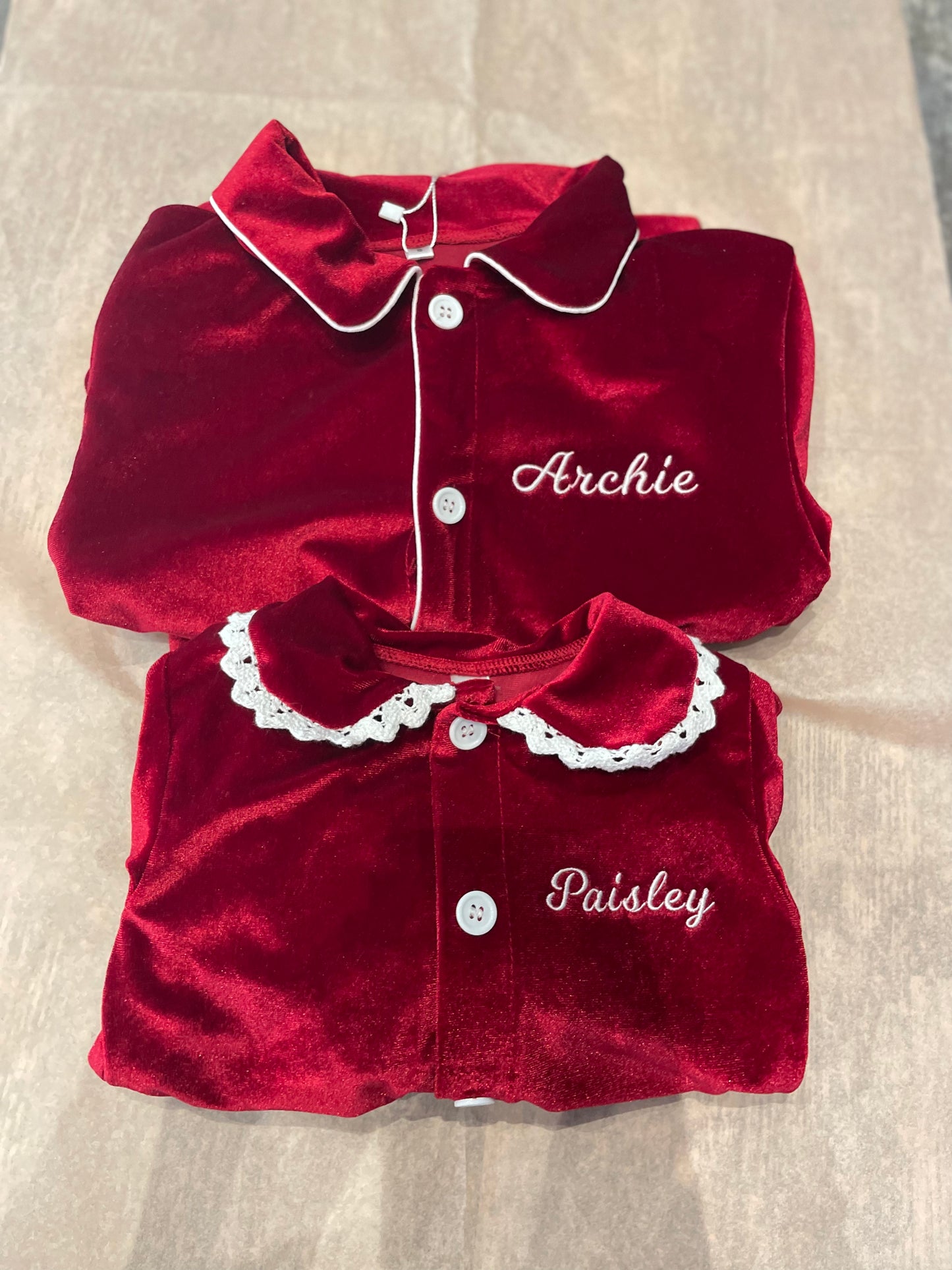 Personalised luxury red velvet girls pyjamas