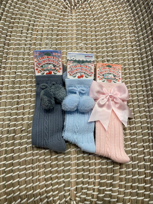 Steel blue knee high pom pom socks