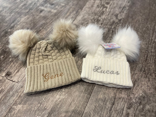 Personalised white fluffy double pom pom hat