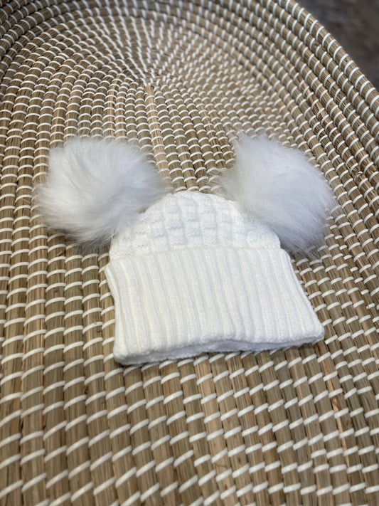 Personalised white fluffy double pom pom hat