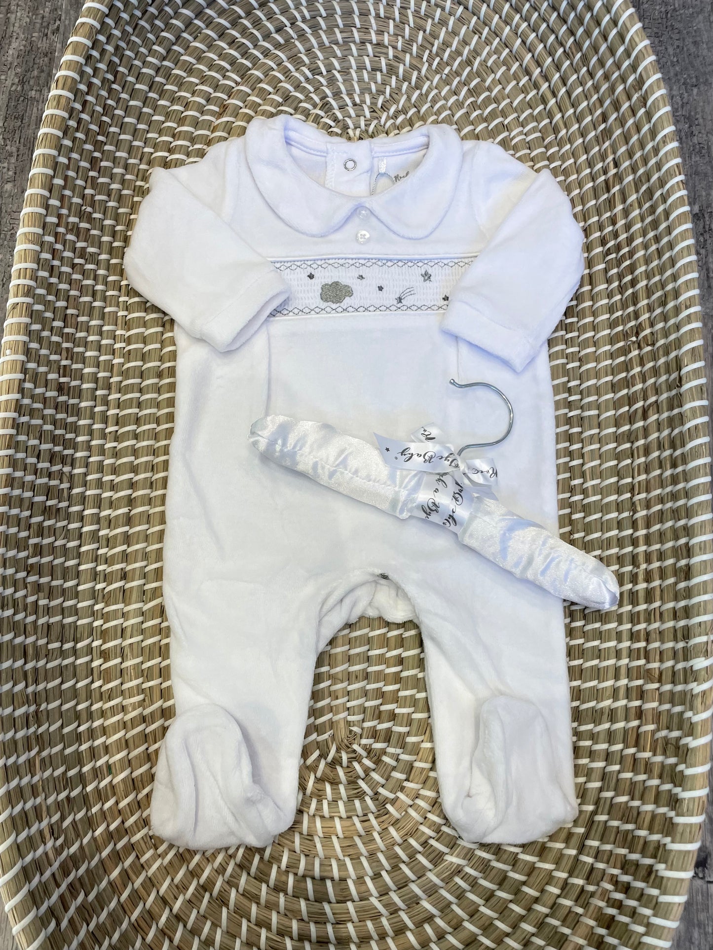 Smocked clouds & stars velour onesie - white