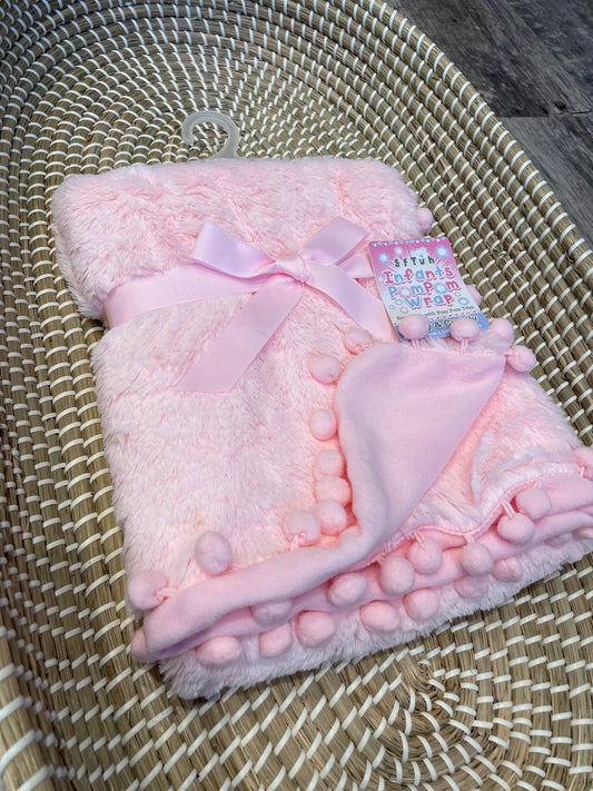 Personalised pink deluxe pom pom baby wrap blanket