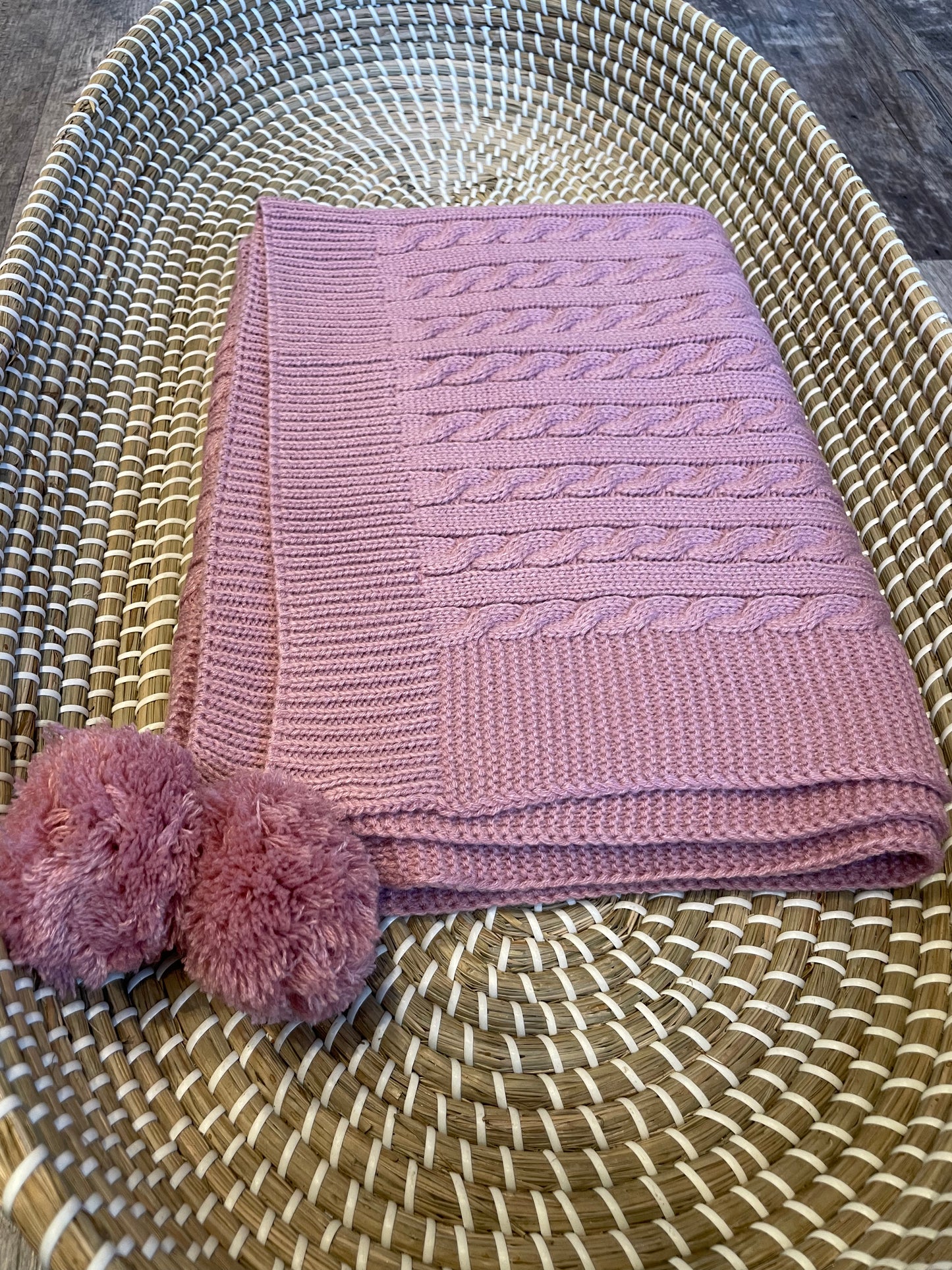 Personalised pink cable knit wrap blanket