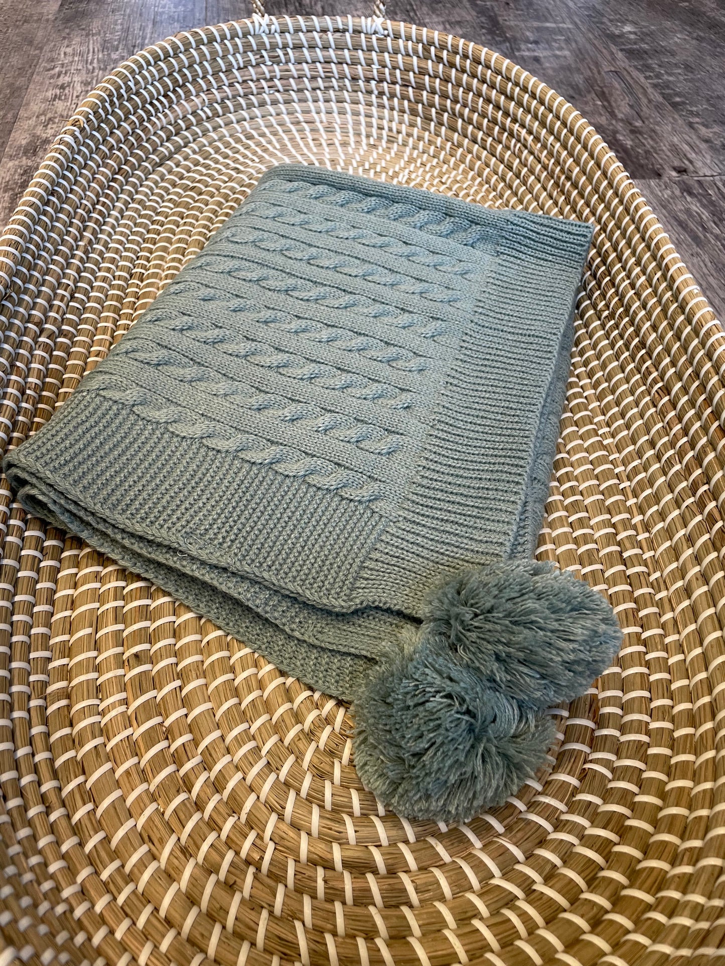 Personalised sage green cable knit wrap blanket