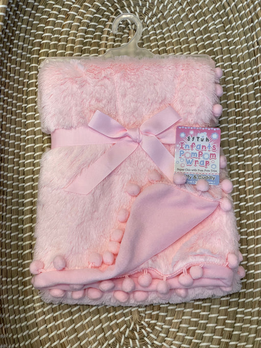 Personalised pink deluxe pom pom baby wrap blanket