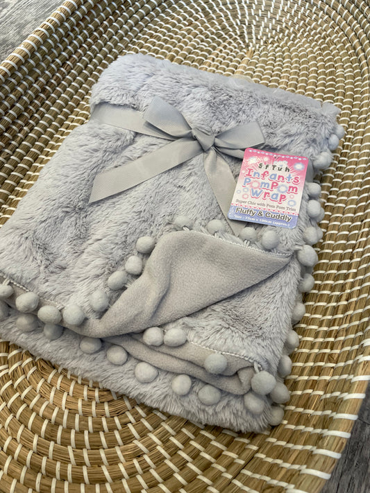 Personalised grey deluxe pom pom baby wrap blanket