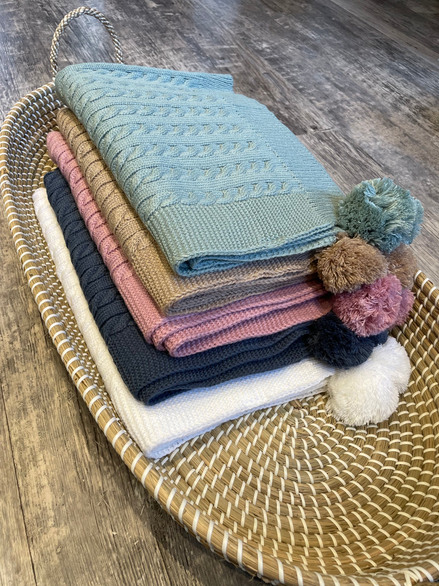 Personalised deep blue cable knit wrap blanket