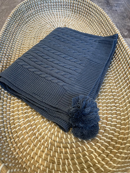 Personalised deep blue cable knit wrap blanket