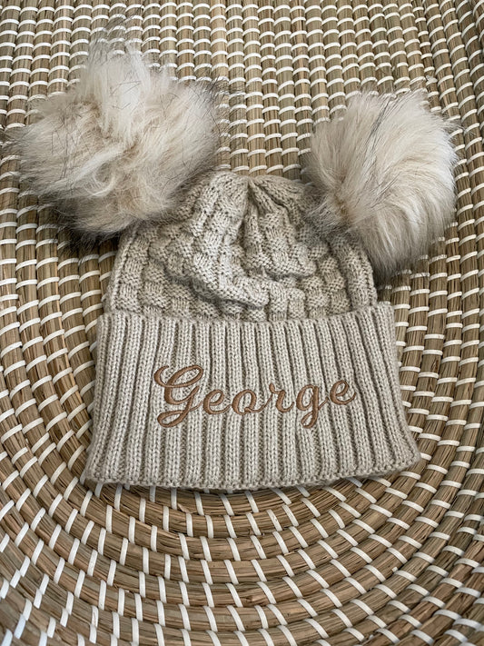 Personalised biscuit fluffy double pom pom hat