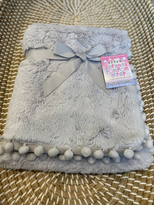 Personalised grey deluxe pom pom baby wrap blanket