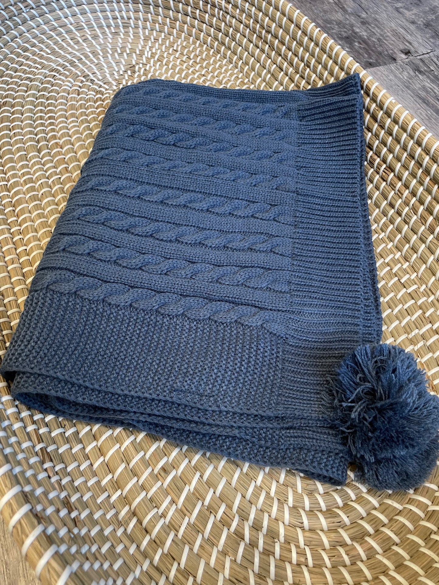 Personalised deep blue cable knit wrap blanket